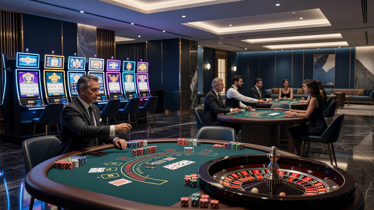 Close-up view of a roulette wheel and poker chips on a casino table