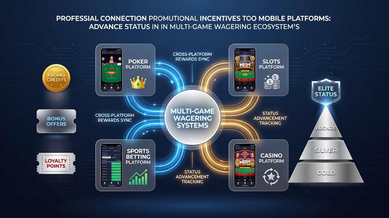 Mobile devices displaying interconnected promotional rewards and status progression screens in multi-game wagering apps