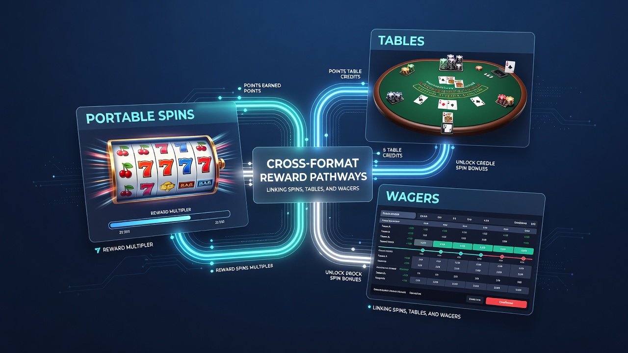 Dashboard view of cross-format reward pathways with points flowing between spins, tables, and wagers