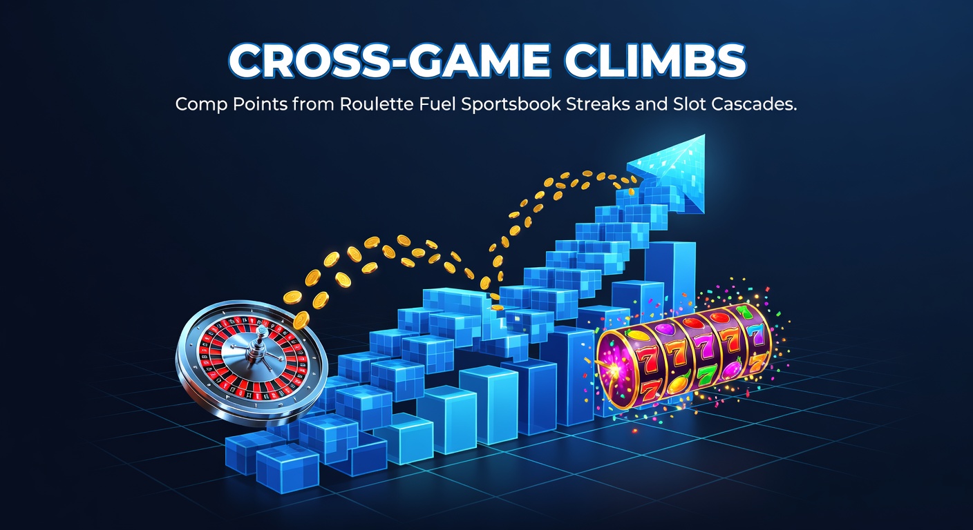 Digital display showing interconnected casino games with comp points flowing from roulette wheels to sportsbook odds boards and cascading slot reels