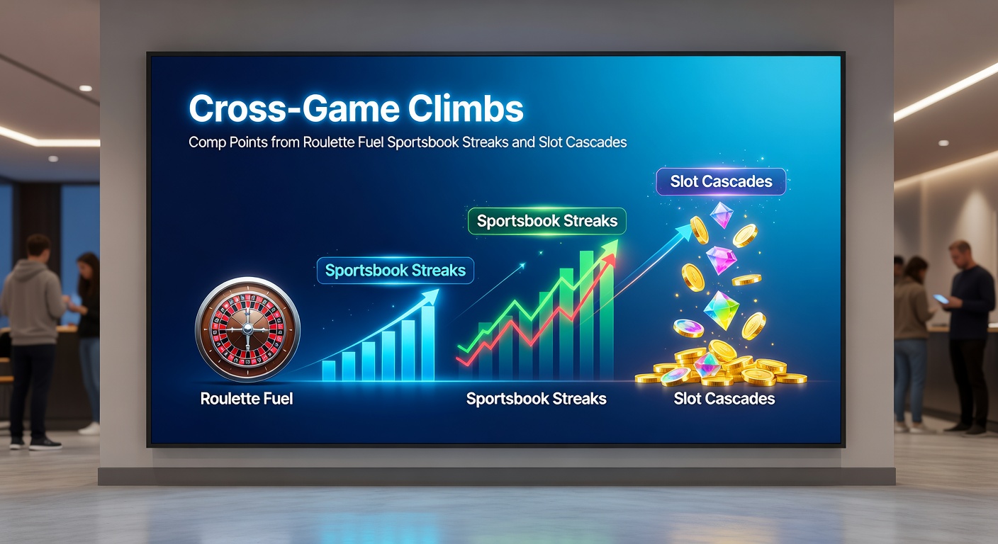 Animated graphic of comp points transferring between a spinning roulette wheel, a sportsbook ticker with winning streaks, and exploding slot cascades