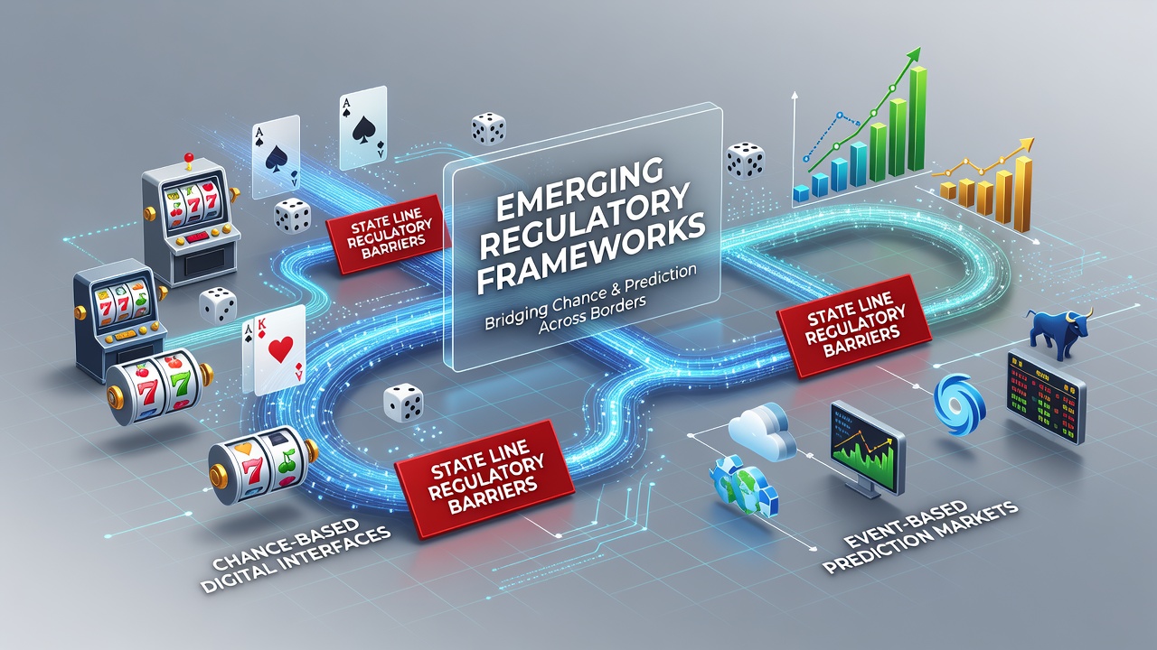 Regulatory documents and digital interfaces representing chance-based games linked to prediction markets