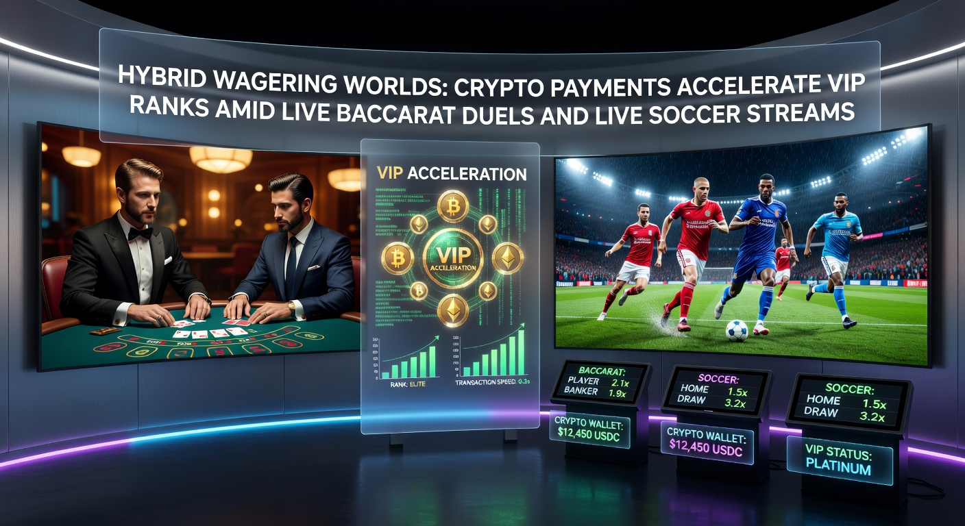 Vibrant live baccarat table with crypto icons overlaying soccer streaming elements in a hybrid wagering interface