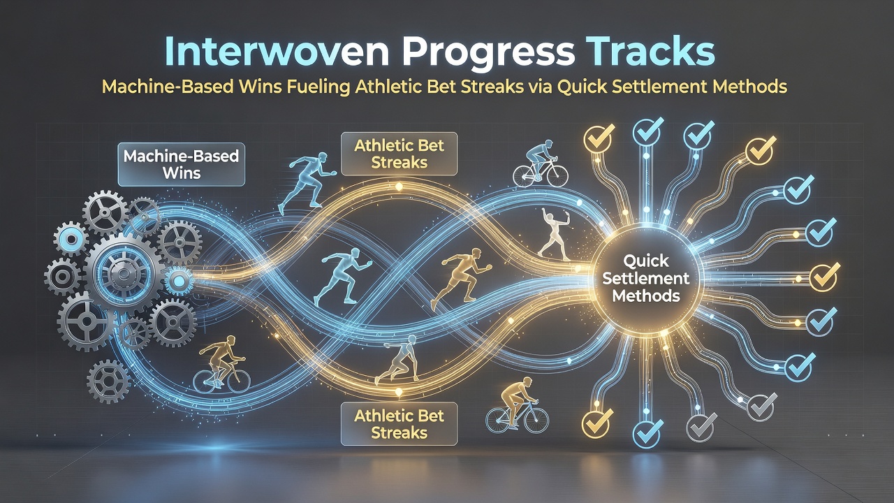 Integrated casino interface showing slot machine results transferring to sports betting progress tracks with instant settlement icons