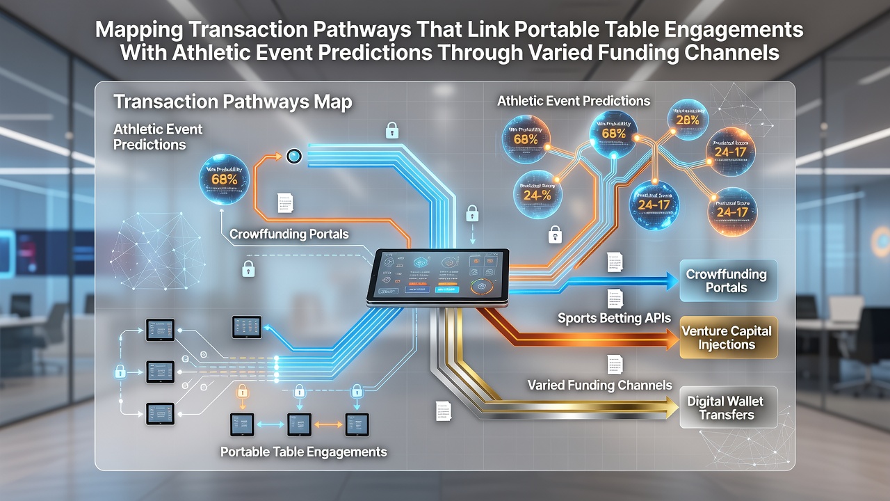 Diagram illustrating mobile table game interfaces connected to sports prediction dashboards via digital payment routes