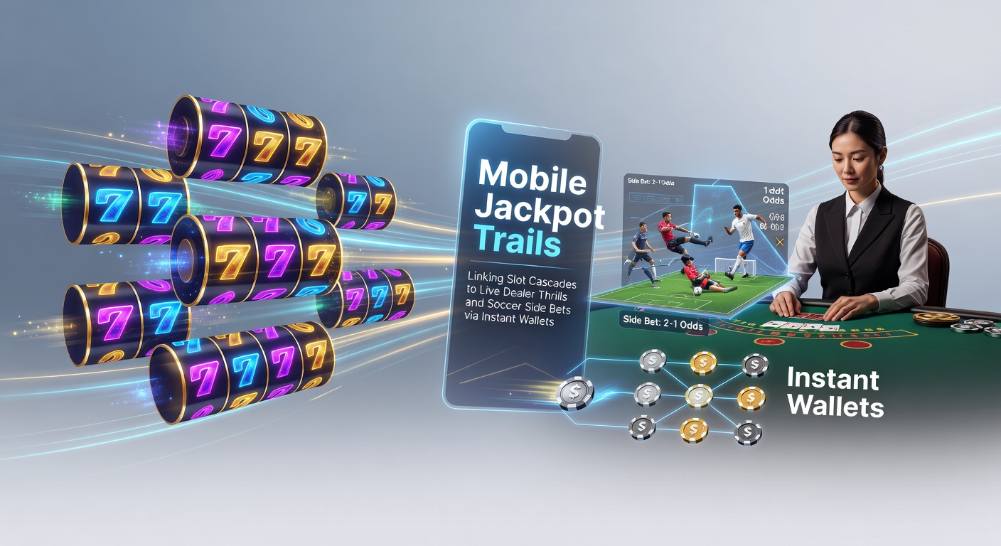 Mobile screen showing interconnected slot cascades, live dealer table, and soccer betting odds with jackpot trail progress bar