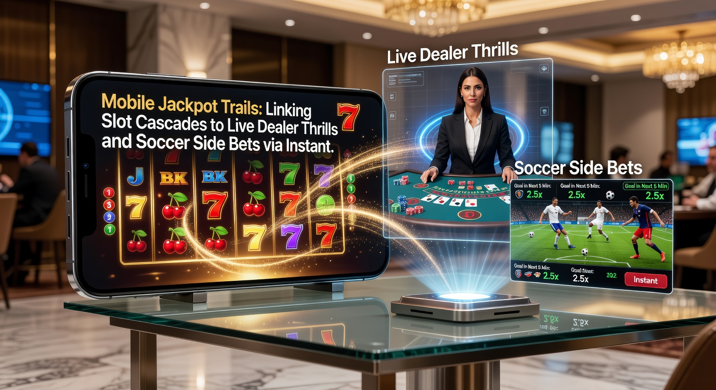Illustration of instant wallet transfer linking a slot jackpot cascade to a live dealer roulette wheel and soccer match side bet overlay