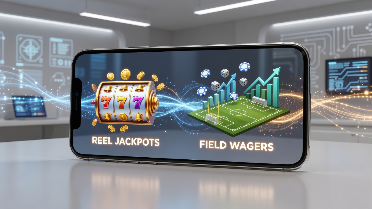 Mobile interface showing slot reels and sports betting options connected through loyalty points