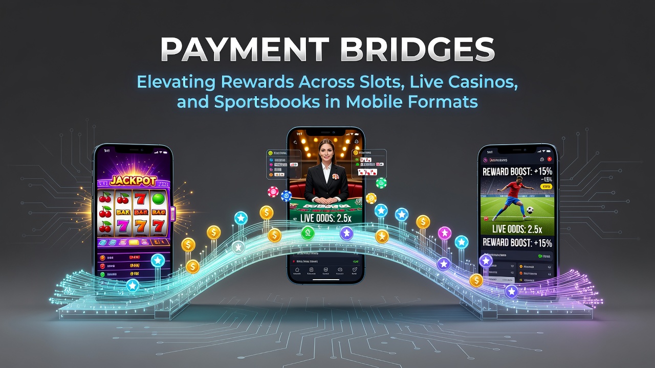 Illustration of reward points flowing between mobile slot reels, live dealer tables, and sports betting odds via integrated payment bridge