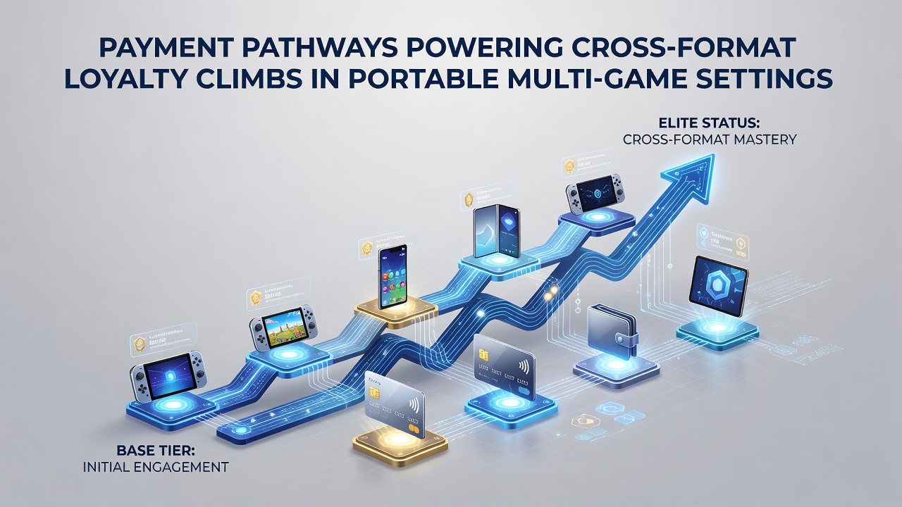 Infographic showing payment flow from digital wallets into cross-format loyalty points across mobile slots, sports, and table games