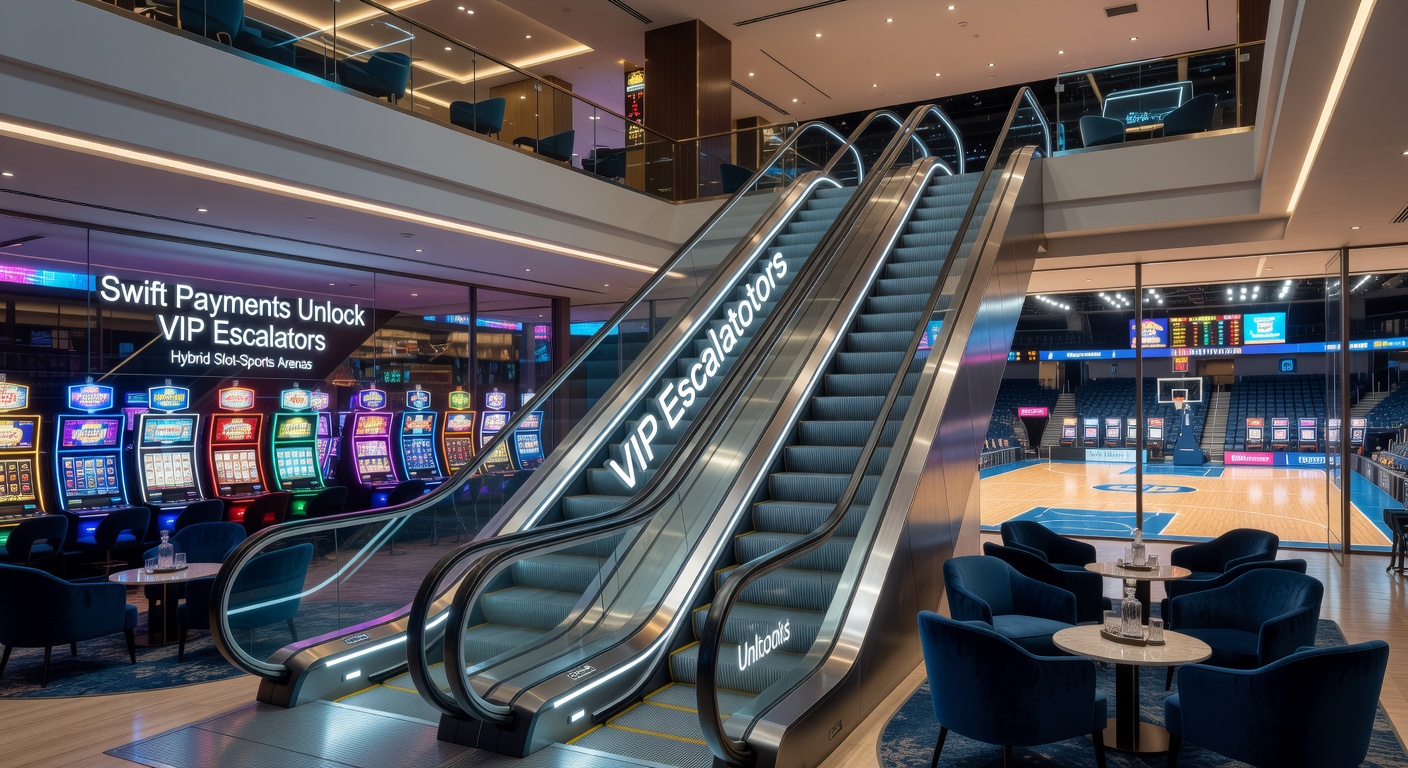 Vibrant hybrid slot-sports arena interior showing slot machines adjacent to sports betting lounges and glowing VIP escalator displays