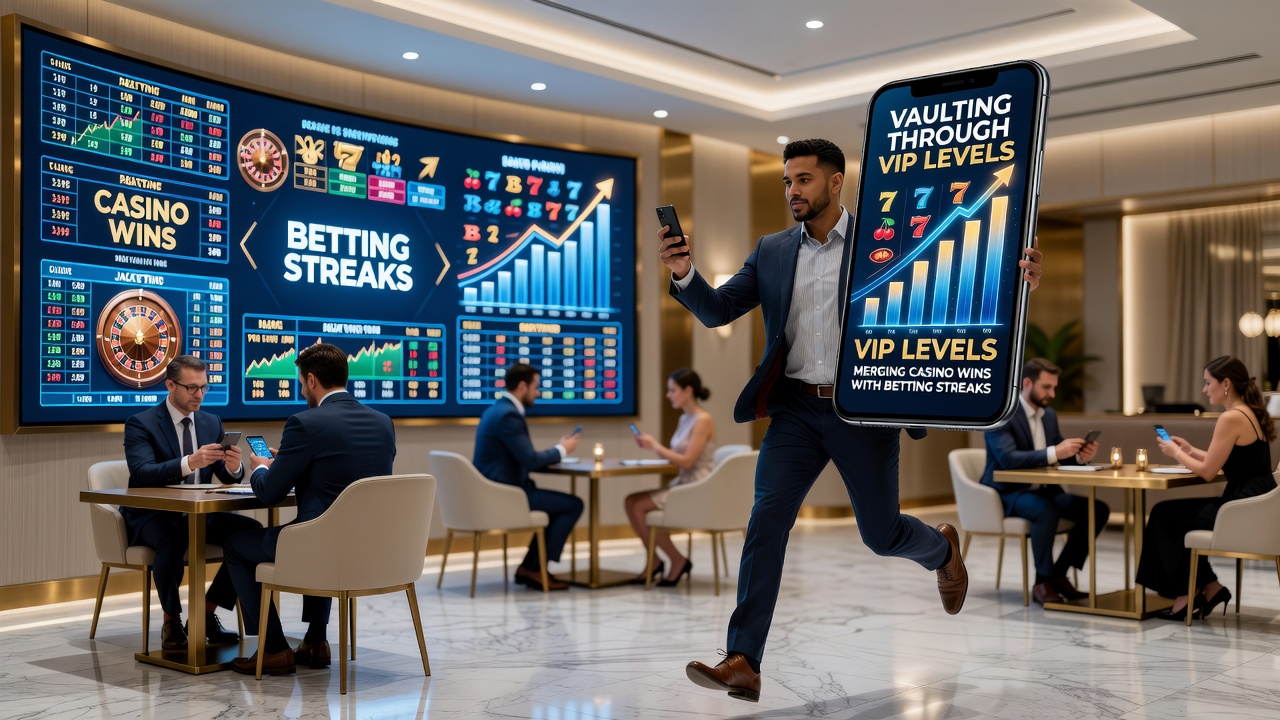 Close-up of smartphone interface showing merged casino wins and betting streaks contributing to VIP level advancement